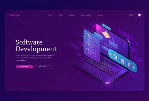 Software development, coding isometric landing Stock Illustration