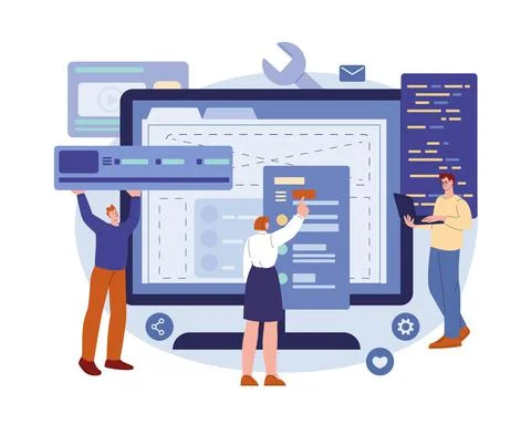 Software development concept. Businessman project manager, geek developer web Stock Illustration