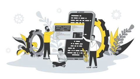 Software development concept in flat design with people. Men writing, settings 스톡 일러스트