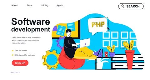 Software development concept for landing page template. Programmer writes p.. イラスト素材