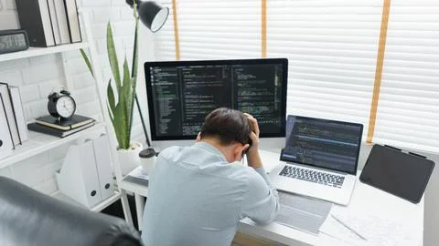 Software development concept, Male programmer is stressed after having proble 스톡 사진