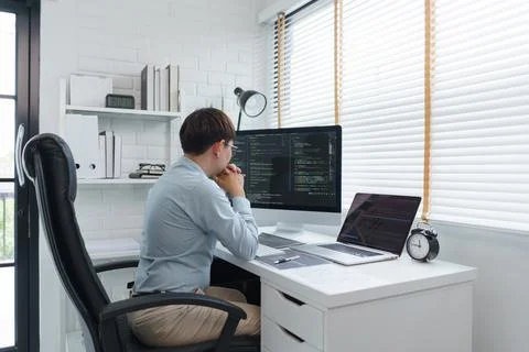 Software development concept, Male programmer read data code to thoughtful ab 스톡 사진
