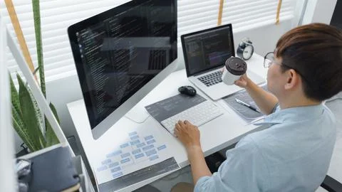 Software development concept, Male programmer checking website programming an 스톡 사진