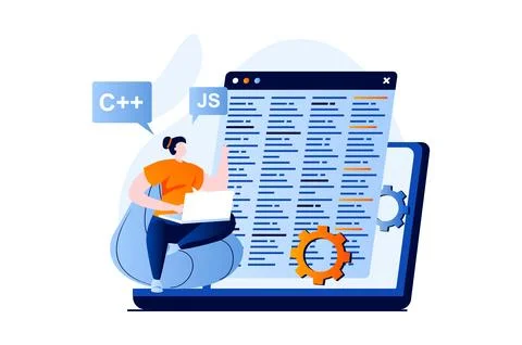 Software development concept with people scene in flat cartoon design. Woman Stock Illustration