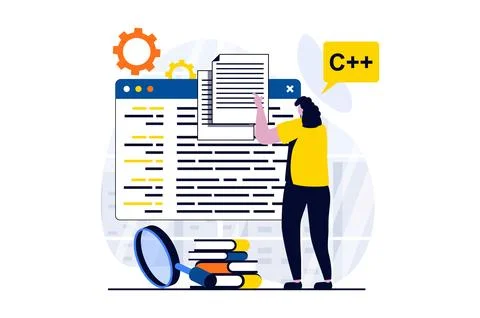 Software development concept with people scene in flat cartoon design. Woman 스톡 일러스트