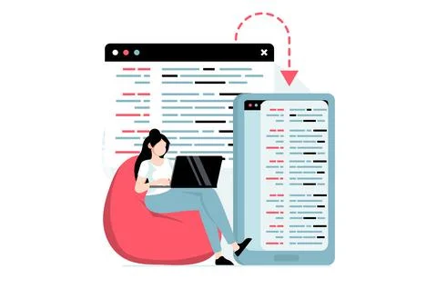 Software development concept with people scene in flat design. Woman develo.. Illustrazione stock