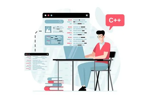 Software development concept with people scene in flat design. Man programmin Illustrazione stock