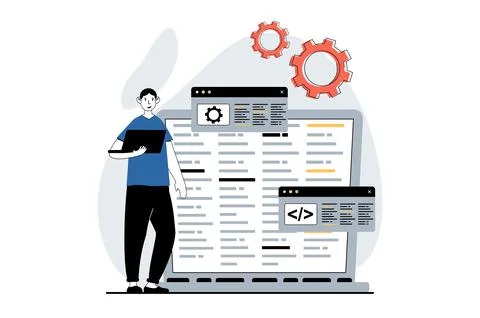 Software development concept with people scene in flat design for web. Man .. Stock Illustration
