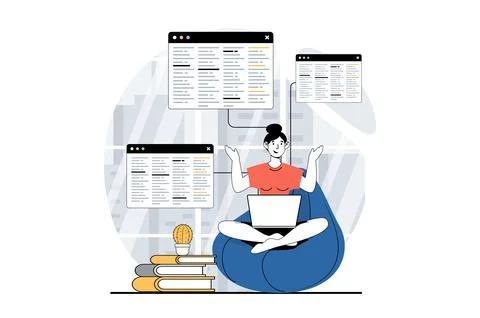 Software development concept with people scene in flat design for web. Woma.. 스톡 일러스트