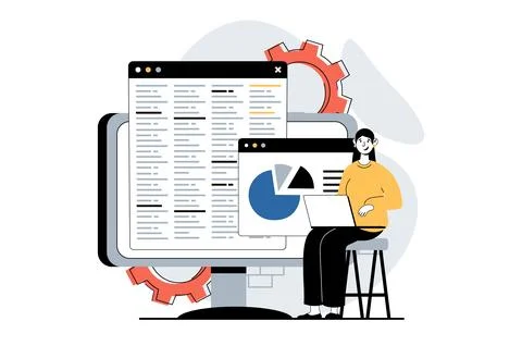Software development concept with people scene in flat design for web. Woma.. Stock Illustration