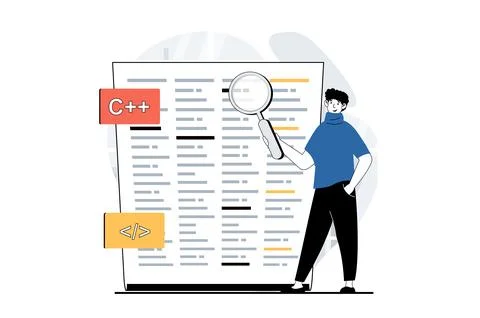 Software development concept with people scene in flat design for web. Man .. 스톡 일러스트