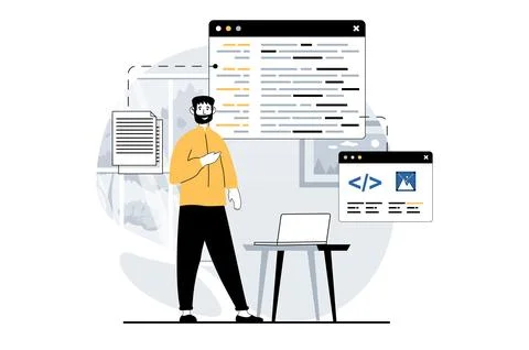 Software development concept with people scene in flat design for web. Man .. Stock Illustration