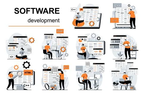 Software development concept with people scenes set in flat design. Women and Illustrazione stock