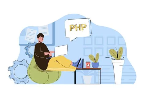 Software development concept. Programmer writes code, develops programs Stock Illustration