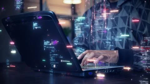 A software development designer or programmer is typing on a computer to cr.. Foto stock