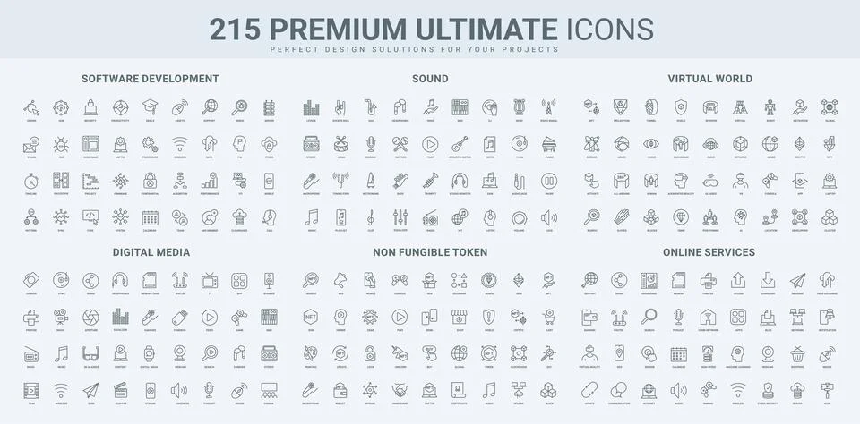 Software development, digital music, video and games, sound, virtual world line Illustrazione stock