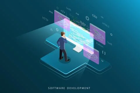 Software development flat isometric vector concept. Stock Illustration