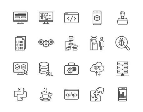Software development flat line icons set. Programming language, application, api Stock Illustration