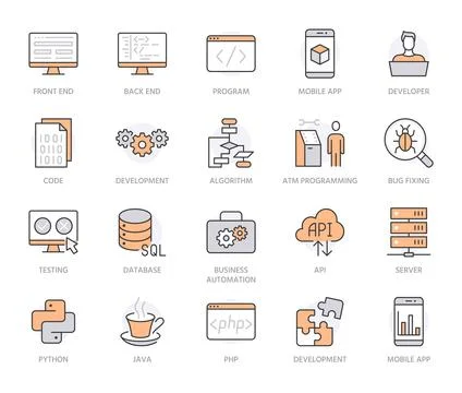 Software development flat line icons set. Programming language, application, api Stock Illustration