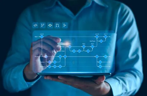 Software development flowchart diagram showing branching, merging, pull req.. Stock Photos