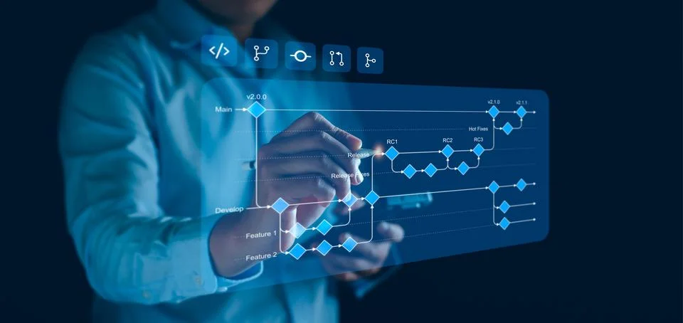 Software development flowchart diagram showing branching, merging, pull req.. 스톡 사진