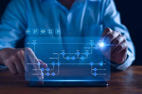 Software development flowchart diagram showing branching, merging, pull reque 스톡 사진