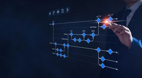 Software development flowchart diagram showing branching, merging, pull req.. Stock Photos