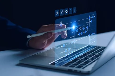 Software development flowchart diagram showing branching, merging, pull reque Stock Photos