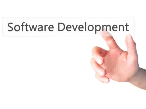 Software Development - Hand pressing a button on blurred background concept . Foto stock