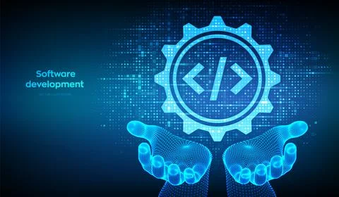 Software development icon made with binary code in wireframe hands. Devops. A Stock Illustration