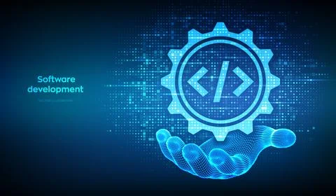 Software development icon made with binary code in wireframe hand. Agile de.. Illustrazione stock