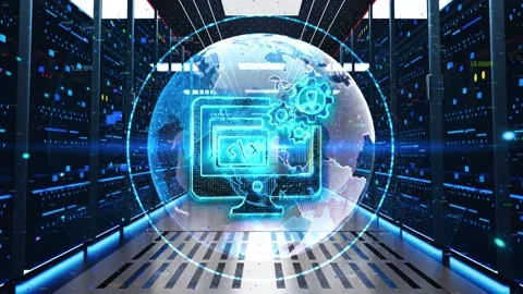 Software Development Icon Moving Through Rack Servers in Data Center. Stock Footage 219074309