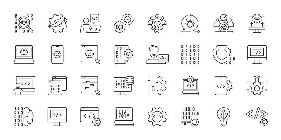 Software Development icons in line design. software, development, coding Stock-Illustration