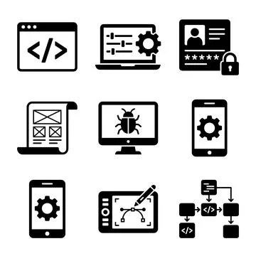 Software development icons set including coding, debugging, UI design, user.. Stock Illustration
