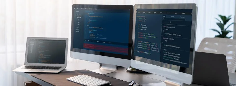 Software development interface display coding script on monitor. Trailblazing Stock Photos