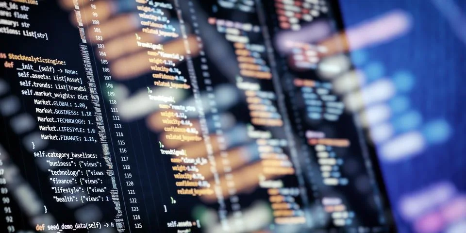 Software Development Interface With Financial Analytics Code, Market Data Pro Fotos Stock