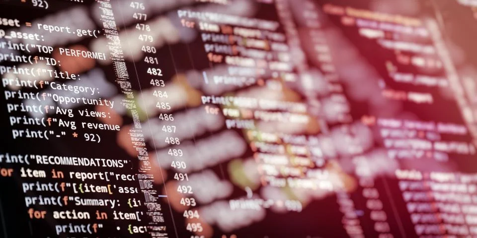 Software Development Interface With Source Code, Performance Metrics, Busines Fotos Stock