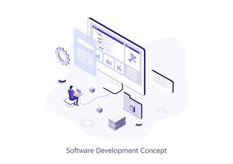 Software development isometric web concept. People program in different lan.. Stock Illustration