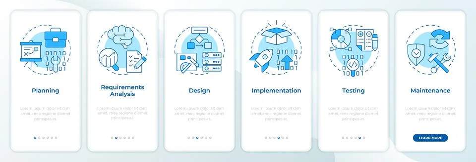 Software development life cycle blue onboarding mobile app screen Stock Illustration