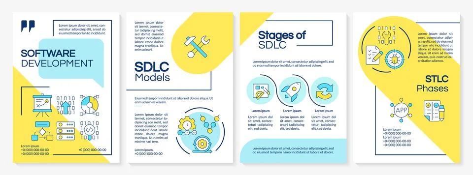 Software development life cycle blue and yellow brochure layout 스톡 일러스트