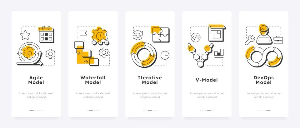 Software development life cycle models mobile app onboarding screens Illustrazione stock