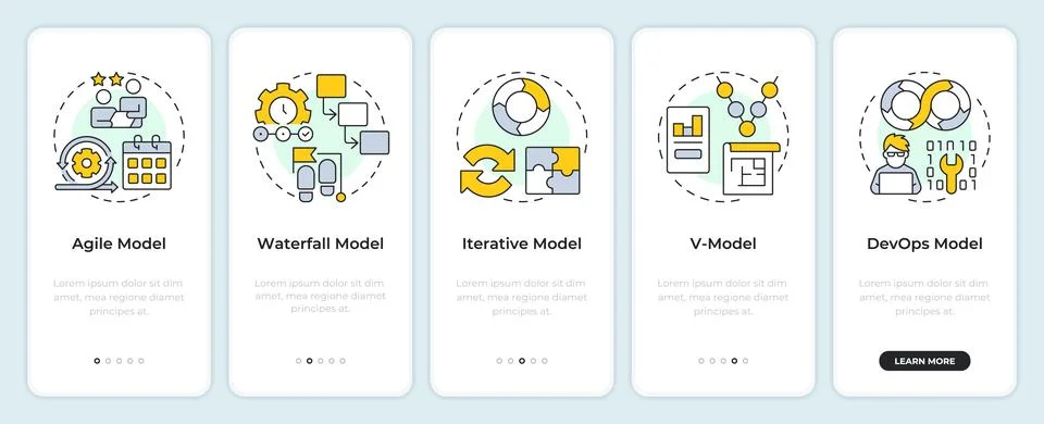Software development life cycle models onboarding mobile app screen Illustrazione stock