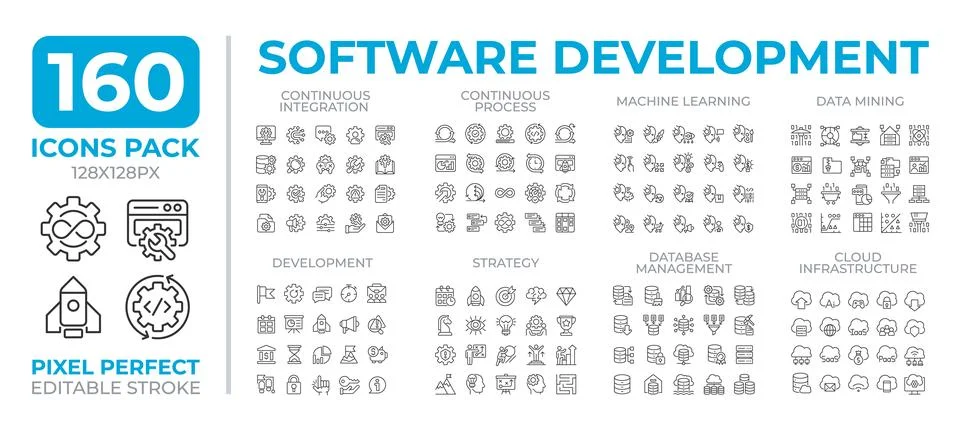 Software development line icons set collection Illustrazione stock