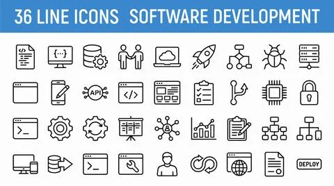 Software development line icons set for coding and programming. 库存插图