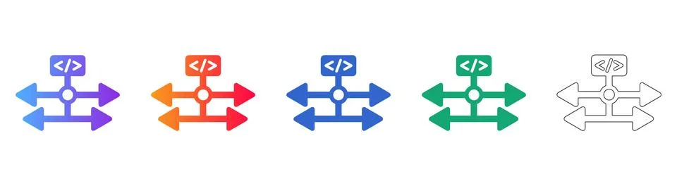 Software Development Logic Flow Icons in Gradient and Outline Versions Illustration