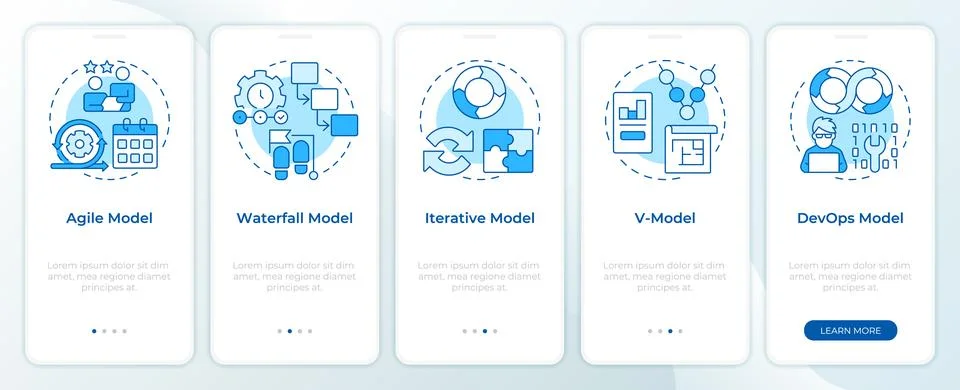 Software development models blue onboarding mobile app screen Stock Illustration