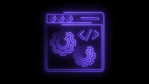 Software development neon sign with gears and code glowing on black Stock Footage 322974524