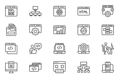 Software development outline icon set. Cloud computing, programmer, website.. Stock Illustration