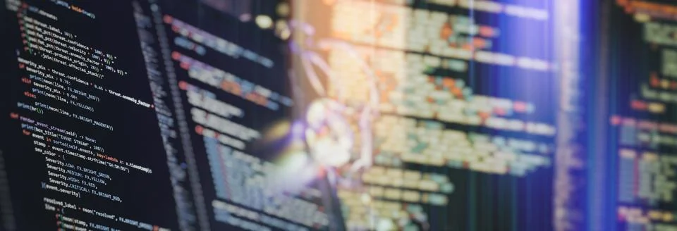 Software development panoramic background. Complex programming script on dark Stock Photos