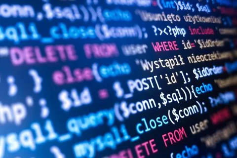 Software development pattern. Programmer monitor with php language code. Clos Foto stock